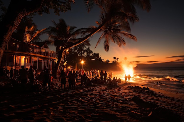ダンスと焚き火を伴うビーチでの夜のパーティー生成 IA