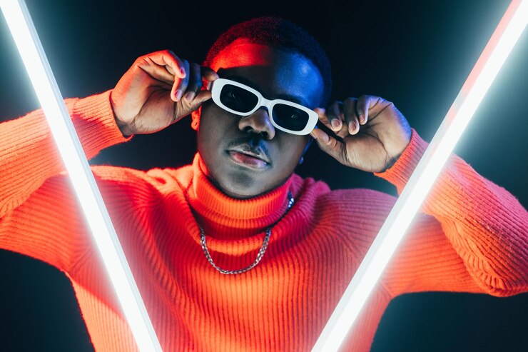 Night portrait fashionable man cyberpunk neon