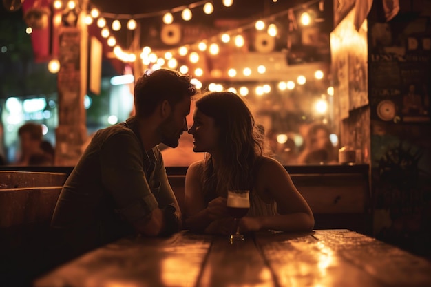 Photo night pub date for romantic couple