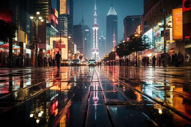 Night RainKissed CitySCape Gleaming Skyscrapers Vibrant Streets and Bustling Life generative IA