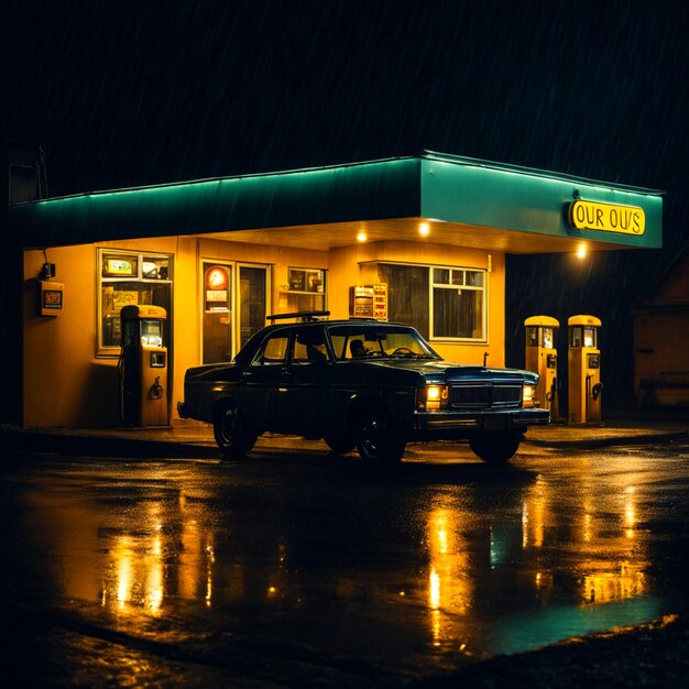 night on a rainy day gas station