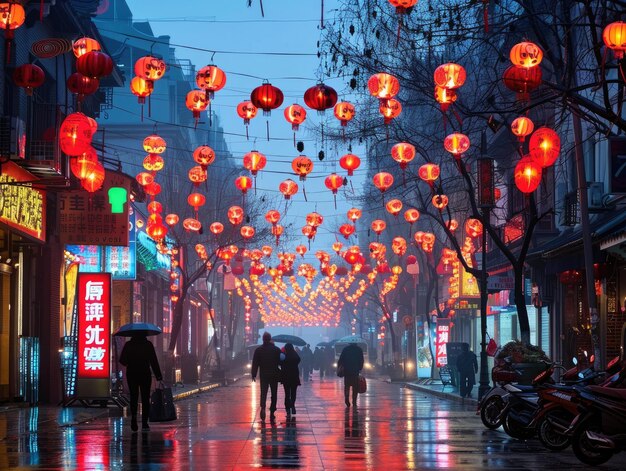 Foto di notte le lanterne rosse appese in città