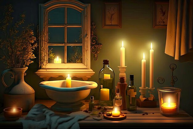 Night relaxing bathroom interior by candlelight with cosmetics on table generative ai