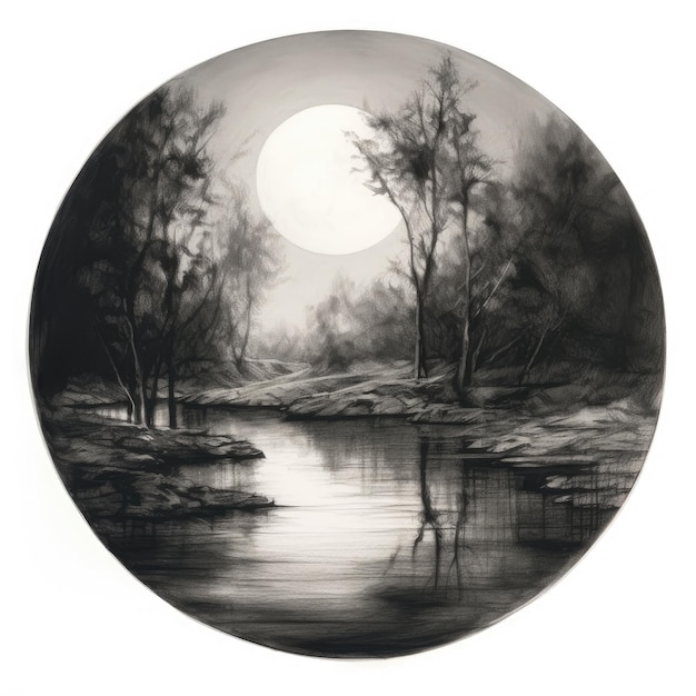 night river art round landscape charcoal hand drawn sketch pencil sketch detailed ink black white