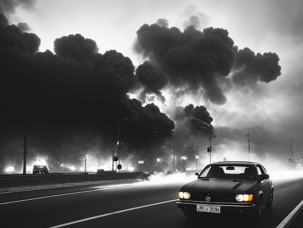 사진 구름 과 연기 의 배경 에 있는 밤 의 도로