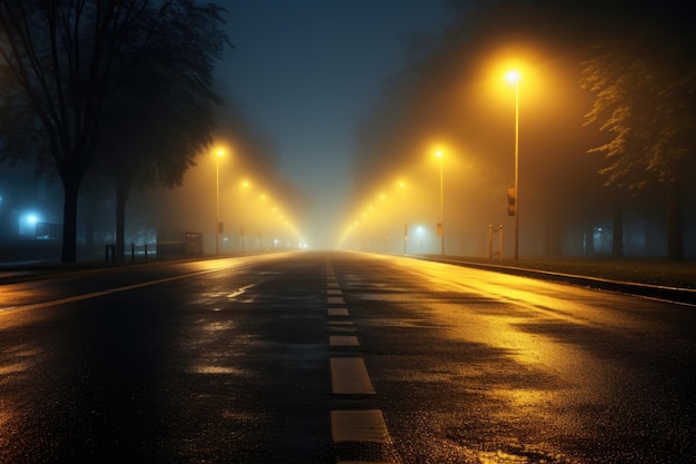 Night Road Misty and Foggy City Highway with Illuminated Street Lights in the Dark Urban Weather