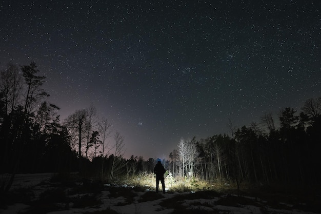 Фото Ночная сцена человека с фонариком в темном лесу зимой