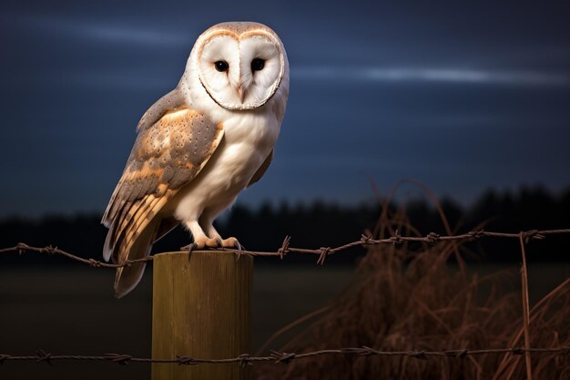 Photo night scene of barn owl perched on a fence post generative ai