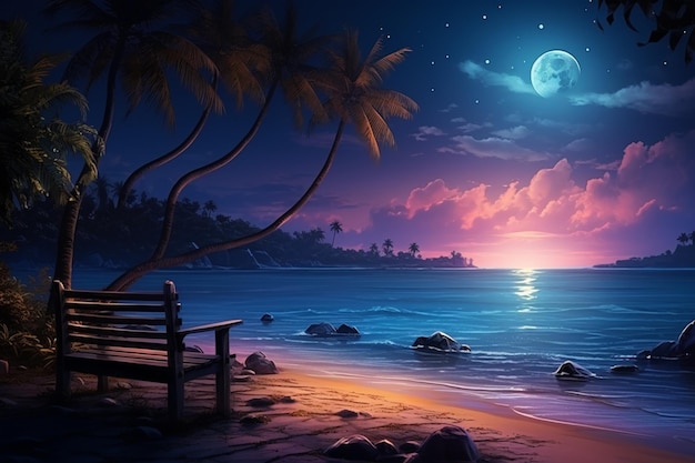 night scene of a beach with a bench and palm trees generative ai