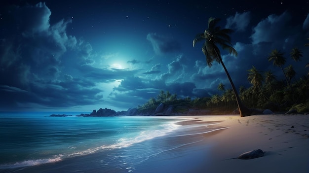 Night Scene Of A Beach With Palm Trees And A Full Moon