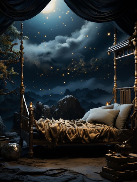 night scene of a bed with a canopy and a night sky generative ai