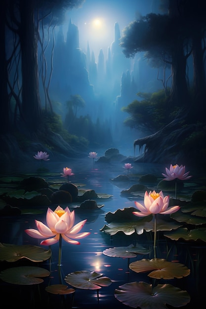 A night scene of blooming lotus flowers illuminated by soft moonlight