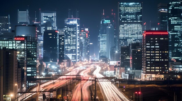 A night scene of a busy metropolitan area with skyscrapers displaying Black Friday sale lights