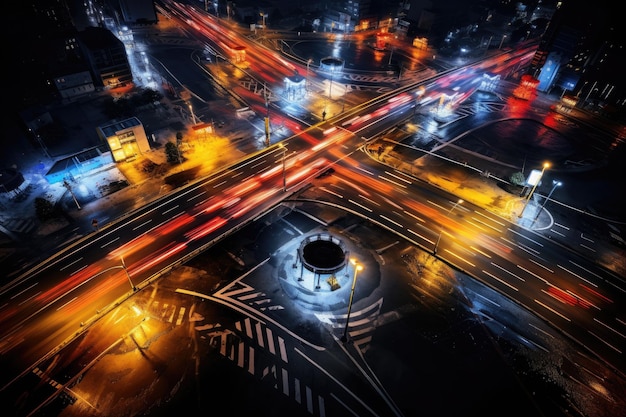 night scene of the city light trails on the road and moving cars lights on the street Expressway top view traffic light painting AI Generated