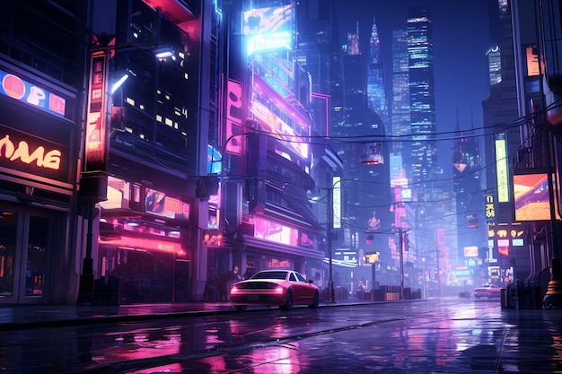 night scene of a city street with neon lights and a car generative ai