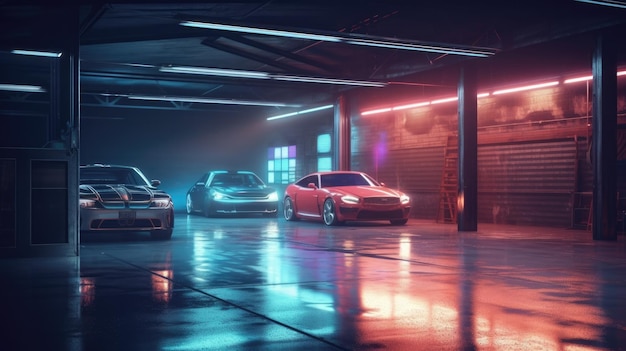 A night scene of a garage with cars and a car garage with lights on.