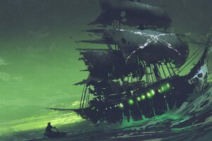 Photo night scene of ghost pirate ship in the sea with mysterious green light, flying dutchman, digital art style, illustration painting