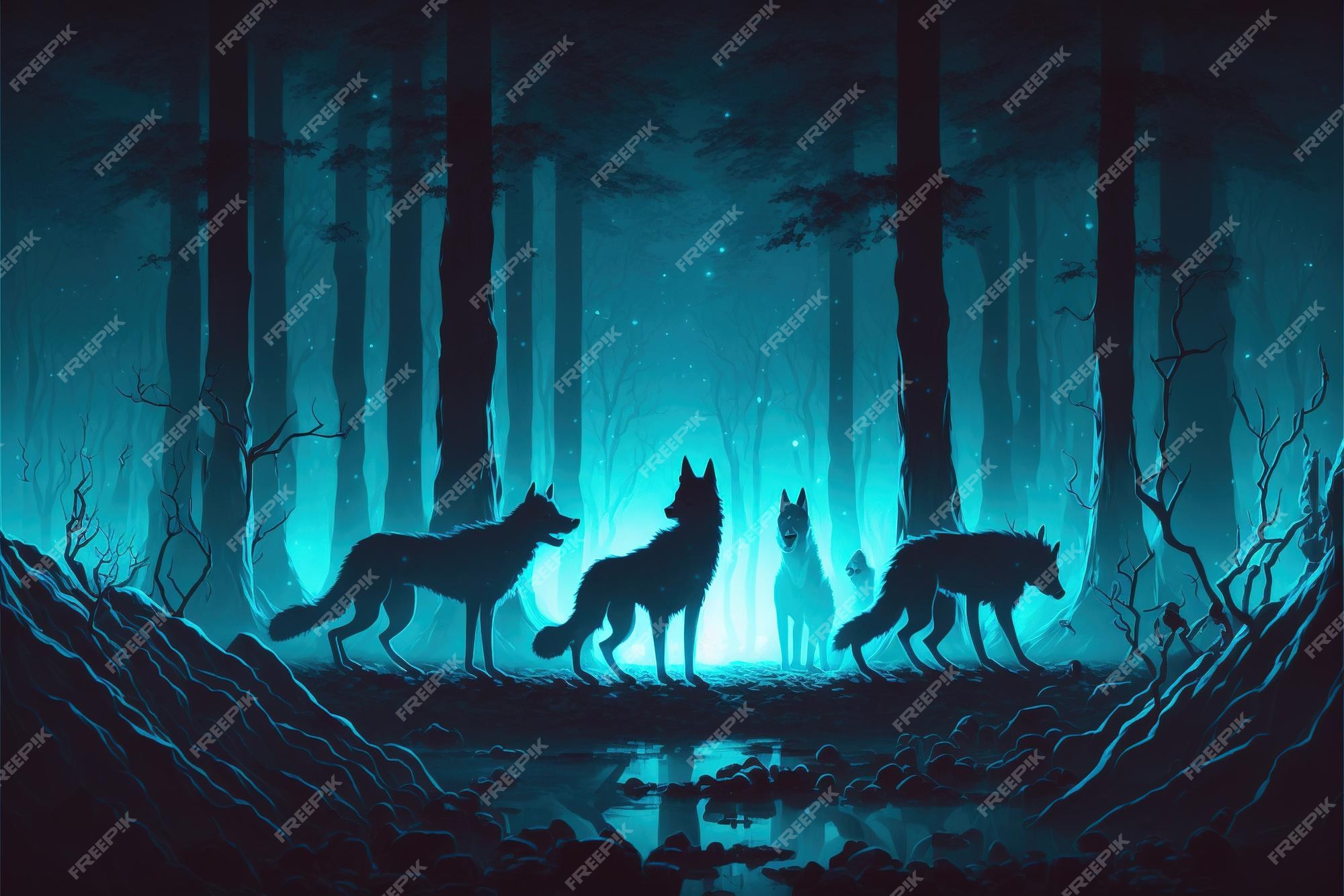 Premium Photo Night Scene Of Glowing Wolves In The Dark Forest premium-photo-night-scene-of-glowing-wolves-in-the-dark-forest