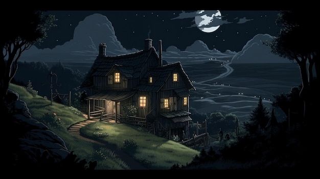 night scene of a house on a hill with a full moon generative ai