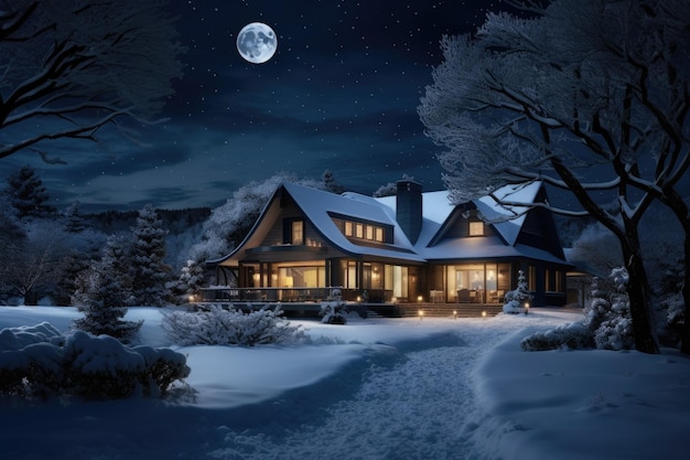 a night scene of a house with a full moon in the background