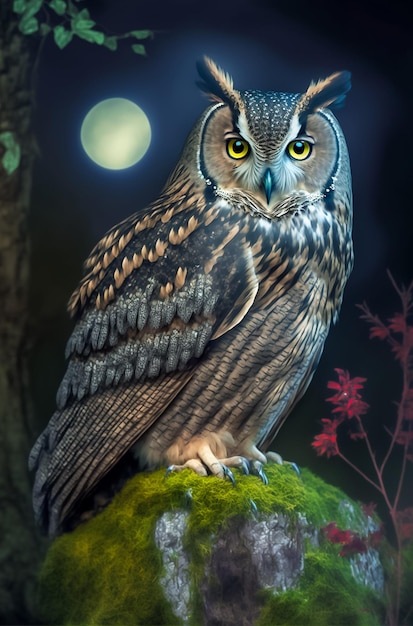 Night scene illustration with owl on the leafless tree and full moon AI Generated