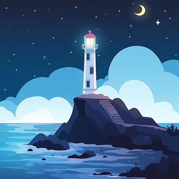 Night scene of a lighthouse on a rocky island with a moon in the sky generative ai