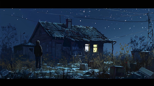 Night scene of a man looking at the old house