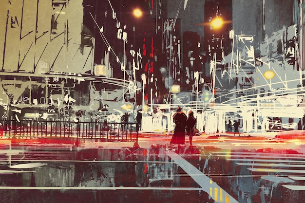 現代の街の通りの夜景、イラスト絵画