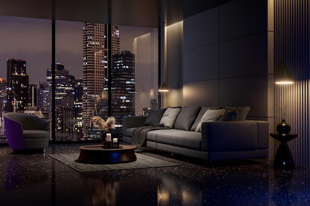 Night scene Modern style luxury black living room with city view 3d render