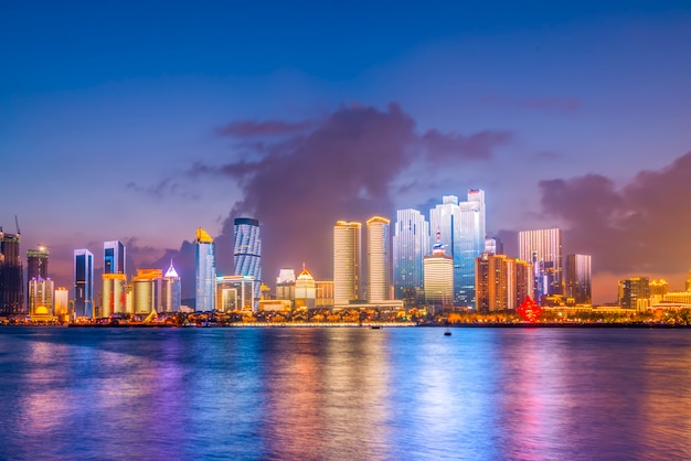 The night scene of modern urban architectural landscape in Qingdao, China