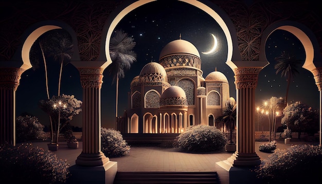 A night scene of a mosque with a moon in the background