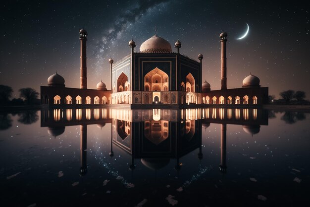 A night scene of a mosque with a moon and stars