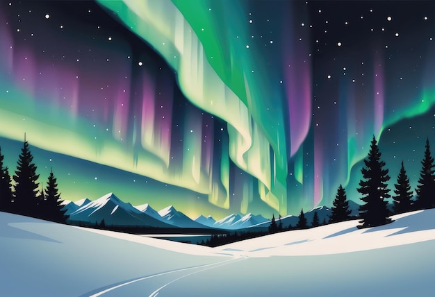 A night scene of the Northern Lights dancing