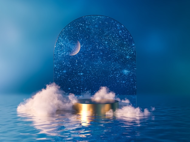 月と雲と夜のシーンの表彰台の背景