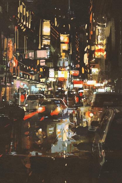 night scene of a street in city,illustration painting