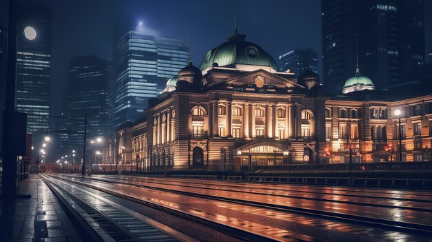 Photo night scene at tokyo station background generative ai