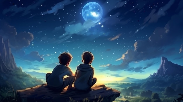 Night scene of two brothers outdoors little boy