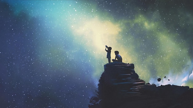 night scene of two brothers outdoors, llittle boy looking through a telescope at stars in the sky, digital art style, illustration painting