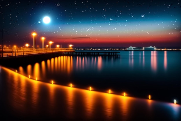 A night scene with a bridge and the moon