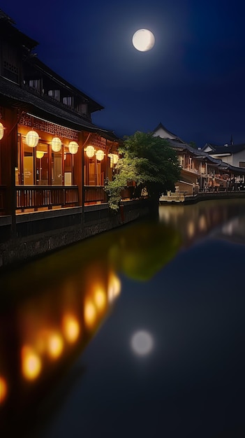 a night scene with a building and a pond with a reflection of a building in it.