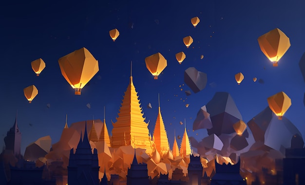 A night scene with a castle and balloons in the sky.