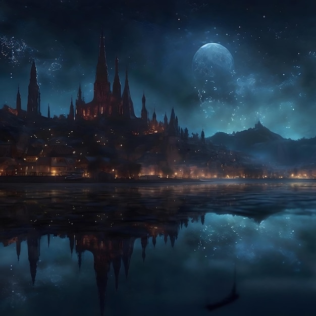 A night scene with a castle and a moon in the sky.