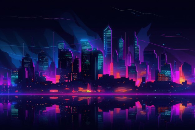 Ночная сцена с городом и озером с генеративным ИИ