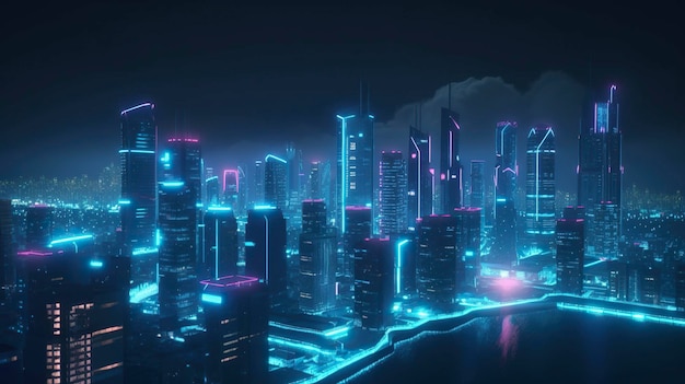 A night scene with a city and neon lights.