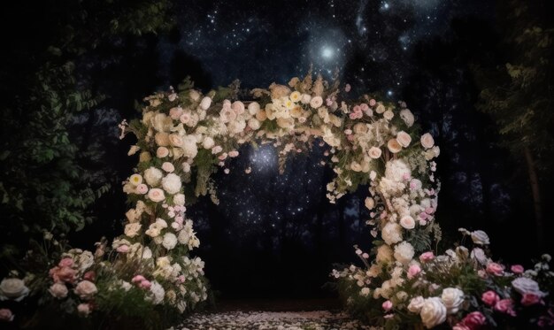 A night scene with a floral arch and a tree in the background.