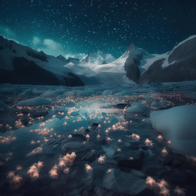 A night scene with frozen flowers in water and a mountain and a glacier with a starry sky