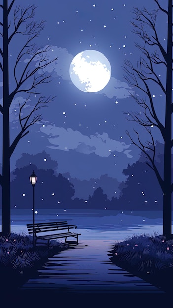 a night scene with a full moon and a bench