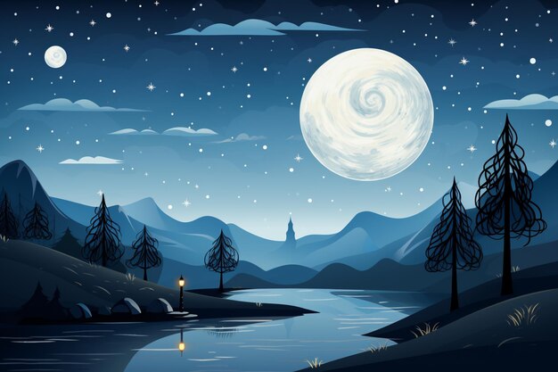 Photo night scene with full moon and river in the mountains generative ai