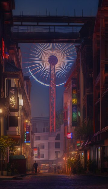 A night scene with a giant tv tower in the background