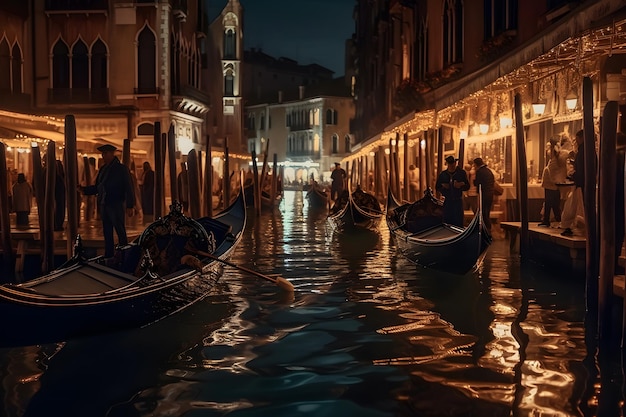 Photo a night scene with gondolas on the water